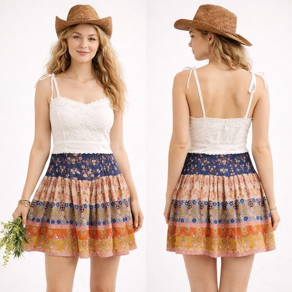 NATURAL LIFE Reversible Mini Patchwork Skirt Womens XL Blue Pink Boho Country - Picture 1 of 8